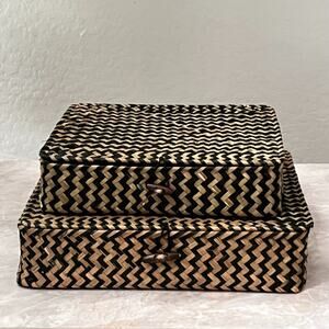 Flat Woven Wicker Storage Bins with Lid Set of Two Natural Seagrass Black Brown